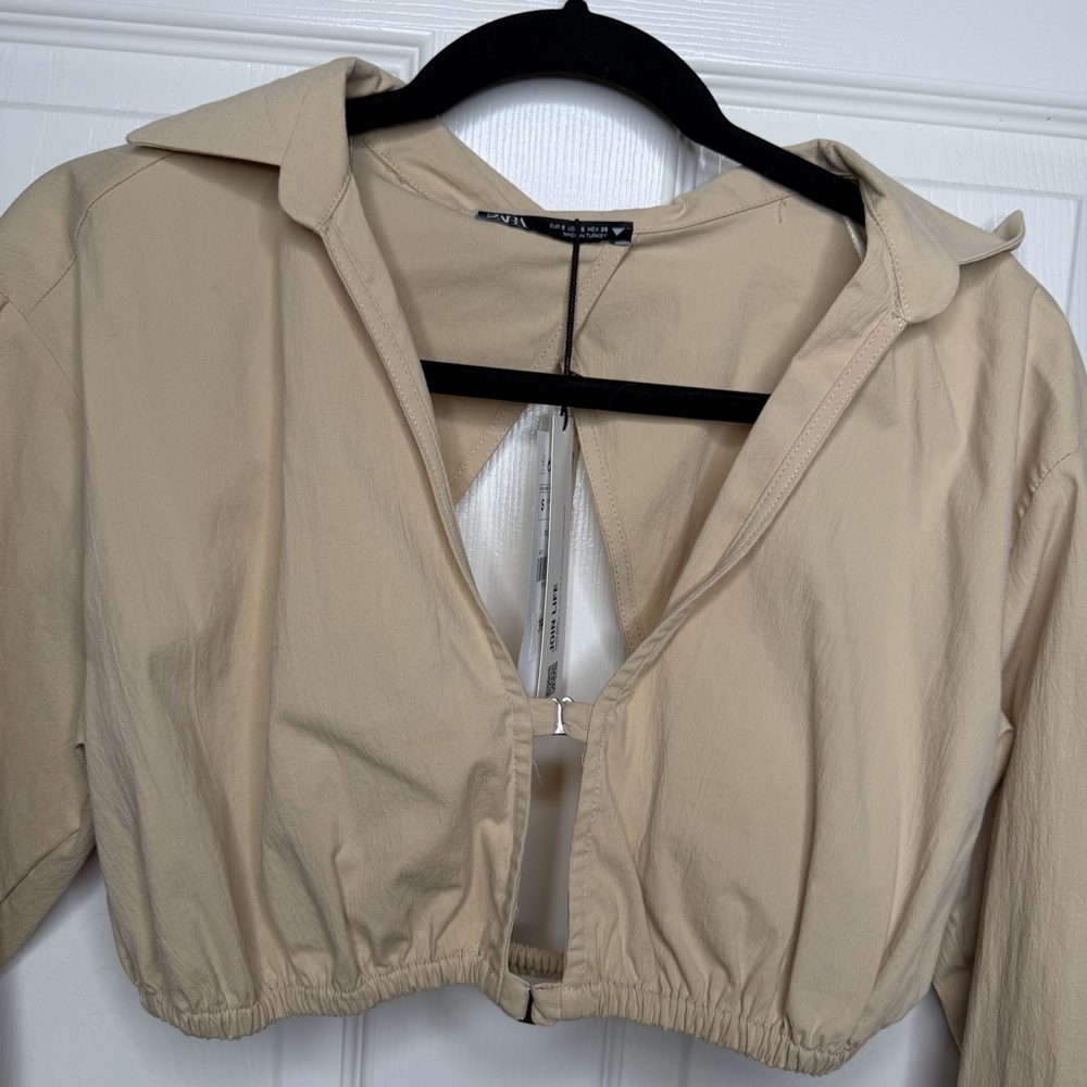 New Zara Cropped Long Sleeve Collar Shirt In Nude Cream Size Small - Picture 5 of 10